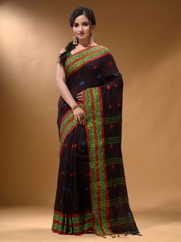 Arhi - Dark Chocolate Cotton Handspun Soft Nakshi Border Saree with Unstitched Blouse
