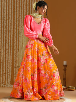 Gajra Gang - Bageecha Pink & Yellow Floral Skirt With Crop Top & Dupatta GGLEH19 (Set of 3)
