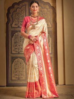 Akhilam - Womens Silk Blend Cream Woven Designer Saree with Unstitched Blouse