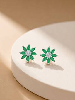 Ornate Jewels - 925 Silver Marquise Green Emerald Flower Stud Earring For Women & Girls