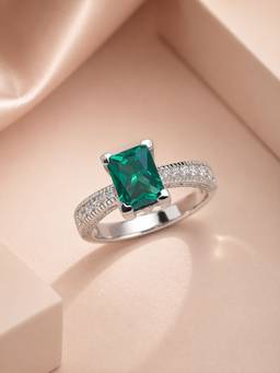 Ornate Jewels - 925 Sterling Silver Green Emerald and American Diamond Solitaire Ring for Women Girls