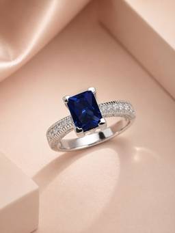 Ornate Jewels - 925 Sterling Silver Blue Sapphire and American Diamond Solitaire Ring for Women Girls