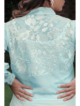 Sands of India - Tie Front Organza Blue Shirt With Embroidered Back And Matching Inner (Set Of 2)