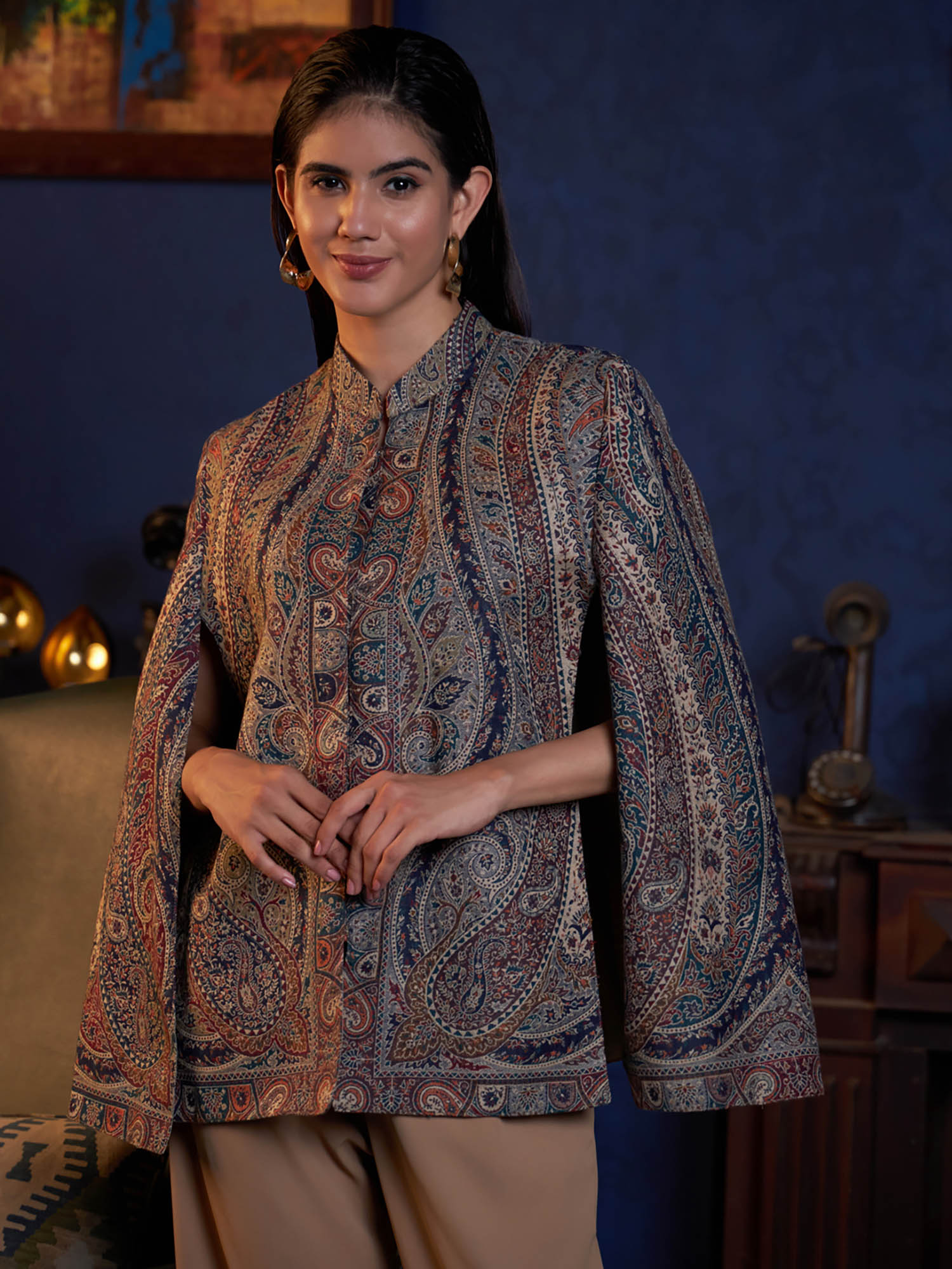 zamour Womens Woven Royal Luxury Cape Jacket-Navy Blue (M-L)-picture-36