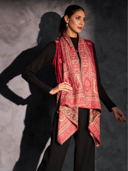 Zamour - Womens Woven Royal Jamawar Cape Shrug-Magenta (M-L)