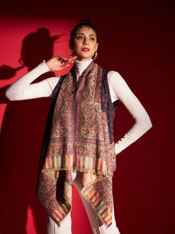 Zamour - Womens Woven Royal Jamawar Cape Shrug-Navy Blue (M-L)