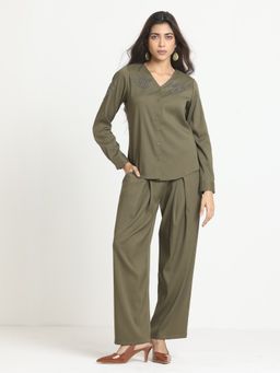 SHAYE - Green V-Neck Embroidered Casual Shirt with Pant