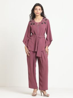 SHAYE - Dusty Pink Embroidered Party Top and Pant with Belt