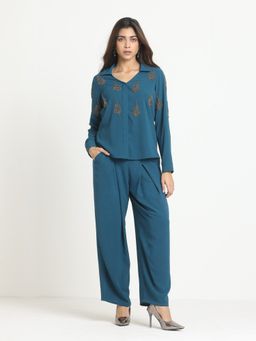 SHAYE - Teal Spread Collar Embroidered Party Shirt with Pant