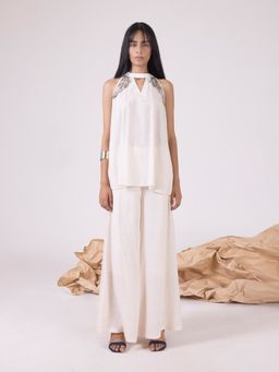 SHAYE - Blush Pink Halter Neck Embroidered Party Top with Pant