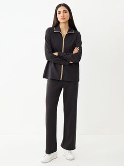 Femmella - Black with Contrast Zipper Knit Shirt with Pant