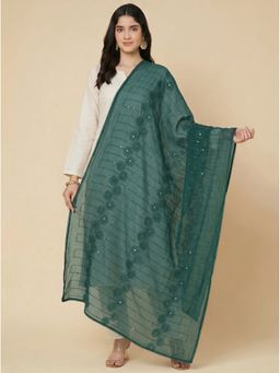 Zamour - Green Floral Self Embroidered Chanderi Cotton Dupatta