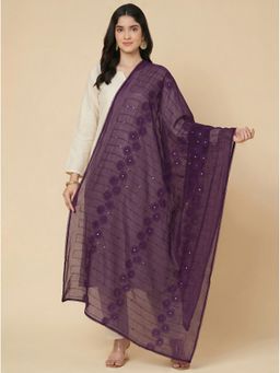 Zamour - Purple Floral Self Embroidered Chanderi Cotton Dupatta
