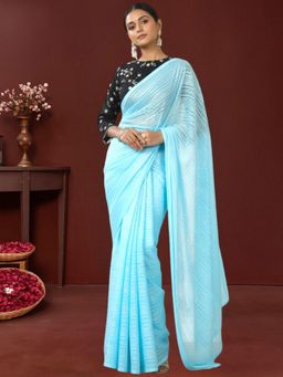Kartika - Sky Blue Chiffon Saree with Subtle Stripe Texture Unstitched Blouse