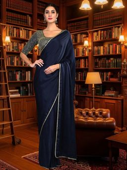 Kartika - Navy Blue Satin Embroidered Saree with Unstitched Blouse