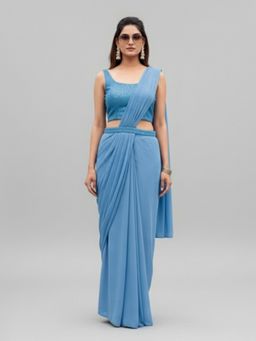 BC Balaji Creation - Georgette Ready To Wear Blue Saree with Stitched Embroidered Blouse
