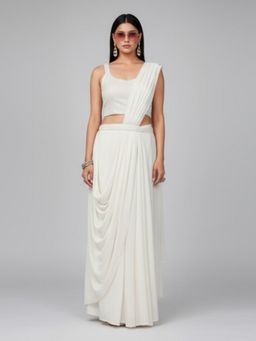 BC Balaji Creation - White Georgette Ready To Wear Saree with Stitched Embroidered Blouse