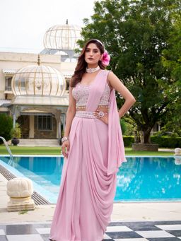 BC Balaji Creation - Pink Georgette Ready To Wear Saree with Stitched Embroidered Blouse