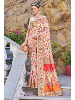 Kartika - Off White Pashmina Floral Print and Paisley Border Saree with Unstitched Blouse