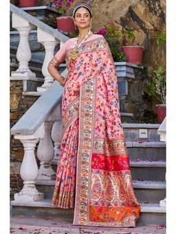 Kartika - Pink Pashmina Floral Print and Paisley Border Saree with Unstitched Blouse