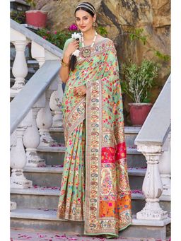 Kartika - Green Ashmina Floral Print and Paisley Border Saree with Unstitched Blouse