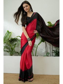 Mysilklove - Imperial Red and Black Printed Satin Crepe Silk Saree with Unstitched Blouse