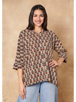 SALWAR STUDIO - Classic Beige Ajrakh Pure Cotton Shirt Style Top