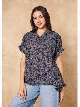 SALWAR STUDIO - Classic Blue Ajrakh Pure Cotton Flared Shirt Style Top