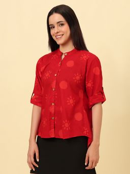 SALWAR STUDIO - Red Mandarin Collar High Low Oversized Cotton Shirt Style Top