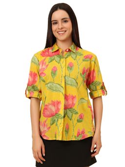 SALWAR STUDIO - Yellow Rolled Up Sleeves Oversized Cotton Shirt Style Top