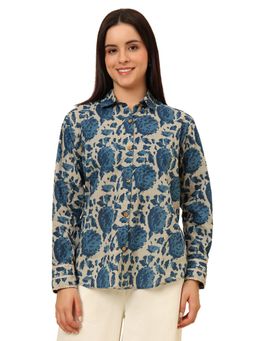 SALWAR STUDIO - Blue Cotton Floral Printed Oversized Shirt Style Top