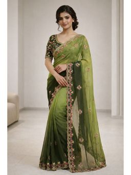 KAYOMMI - Green Ombre Floral Embroidery and Lace Border Saree with Unstitched Blouse