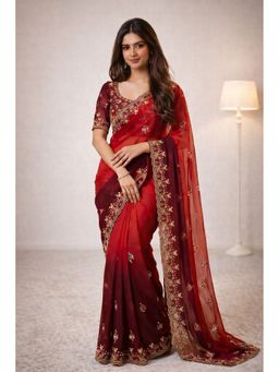 KAYOMMI - Red Ombre Floral Embroidery and Lace Border Saree with Unstitched Blouse