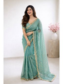 KAYOMMI - Sea Green Zari Stripes and Lace Border Saree with Unstitched Blouse