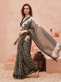 Jaipur Kurti - Multi-Colour Cotton Blend Printed Saree with Unstitched Blouse