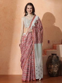 Jaipur Kurti - Purple Cotton Blend Printed Saree with Unstitched Blouse