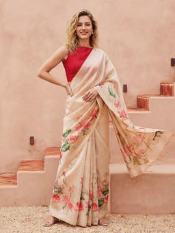 Jaipur Kurti - Beige Silk Blend Printed Saree with Unstitched Blouse