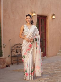 Jaipur Kurti - Cream Silk Blend Printed Saree with Unstitched Blouse