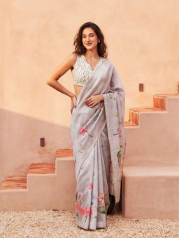 Jaipur Kurti - Grey Silk Blend Printed Saree with Unstitched Blouse