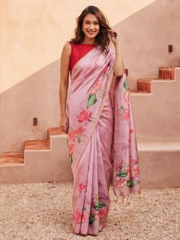 Jaipur Kurti - Pink Silk Blend Printed Saree with Unstitched Blouse
