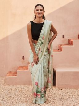 Jaipur Kurti - Green Silk Blend Printed Saree with Unstitched Blouse