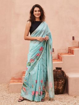 Jaipur Kurti - Blue Silk Blend Printed Saree with Unstitched Blouse