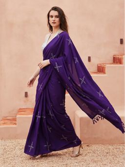 Jaipur Kurti - Purple Cotton Blend Printed Saree with Unstitched Blouse