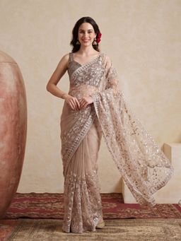 Jaipur Kurti - Beige Net Embroidered Saree with Unstitched Blouse