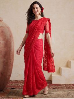 Jaipur Kurti - Pink Net Embroidered Saree with Unstitched Blouse