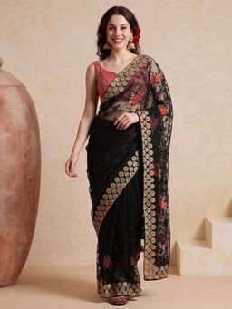 Jaipur Kurti - Black Net Embroidered Saree with Unstitched Blouse