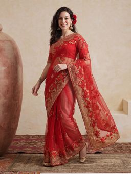 Jaipur Kurti - Red Net Embroidered Saree with Unstitched Blouse