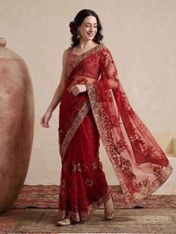 Jaipur Kurti - Maroon Net Embroidered Saree with Unstitched Blouse