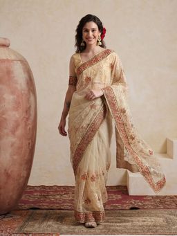 Jaipur Kurti - Beige Net Embroidered Saree with Unstitched Blouse