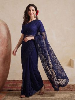 Jaipur Kurti - Navy Blue Net Embroidered Saree with Unstitched Blouse